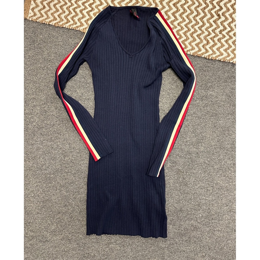Yoki Vintage Sweater Dress Juniors‎ Large Navy Ribbed Stripped V-Neck Casual
